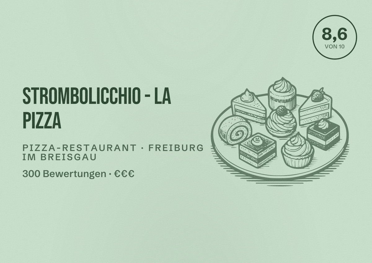 Illustriertes Poster von Strombolicchio - La Pizza, Pizza-Restaurant in Freiburg im Breisgau: Bewertung 8,6 von 10 aus 300 Bewertungen, Preisniveau €€€