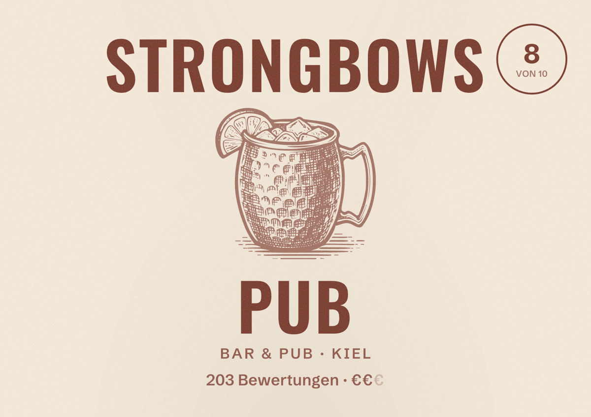 Illustriertes Poster von Strongbows Pub, Bar & Pub in Kiel: Gästebewertung 8 von 10 aus 203 Bewertungen