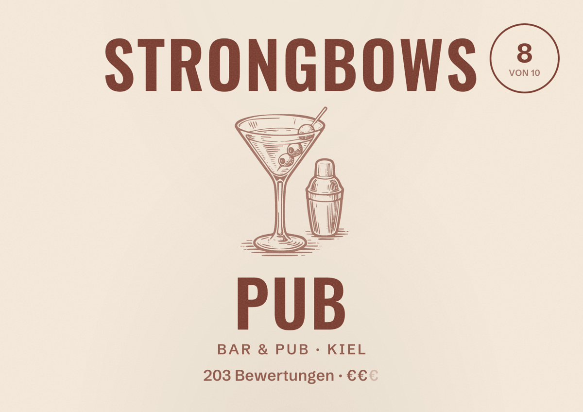 Illustriertes Poster von Strongbows Pub, Bar & Pub in Kiel: Gästebewertung 8,0 von 10 aus 203 Bewertungen
