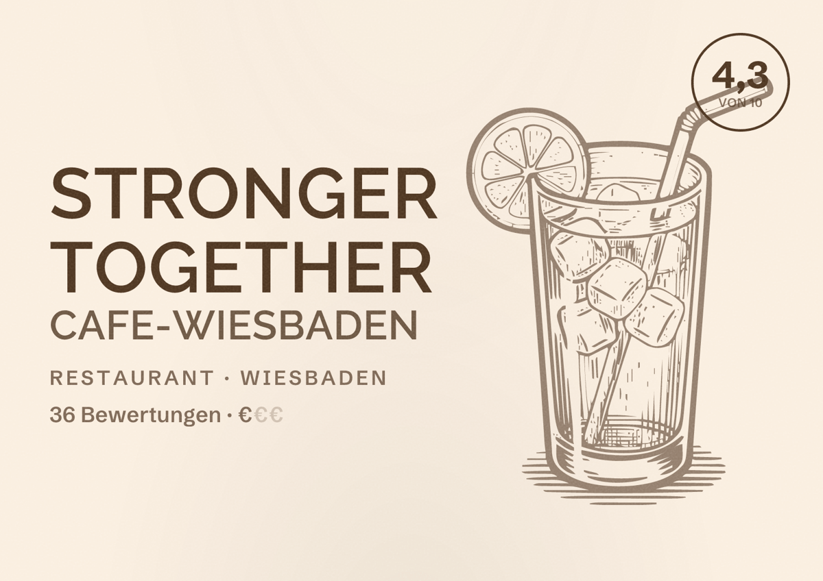 Illustriertes Poster von Stronger Together Cafe-Wiesbaden, Restaurant in Wiesbaden: Bewertung 4,3 von 10 aus 36 Bewertungen, Preisniveau €