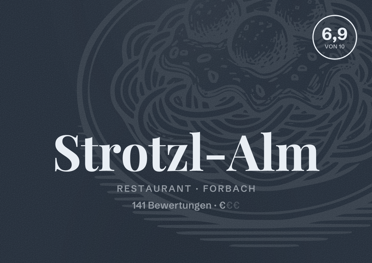 Illustriertes Poster von Strotzl-Alm, Restaurant in Forbach: Bewertung 6,9 von 10 aus 141 Bewertungen, Preisniveau €