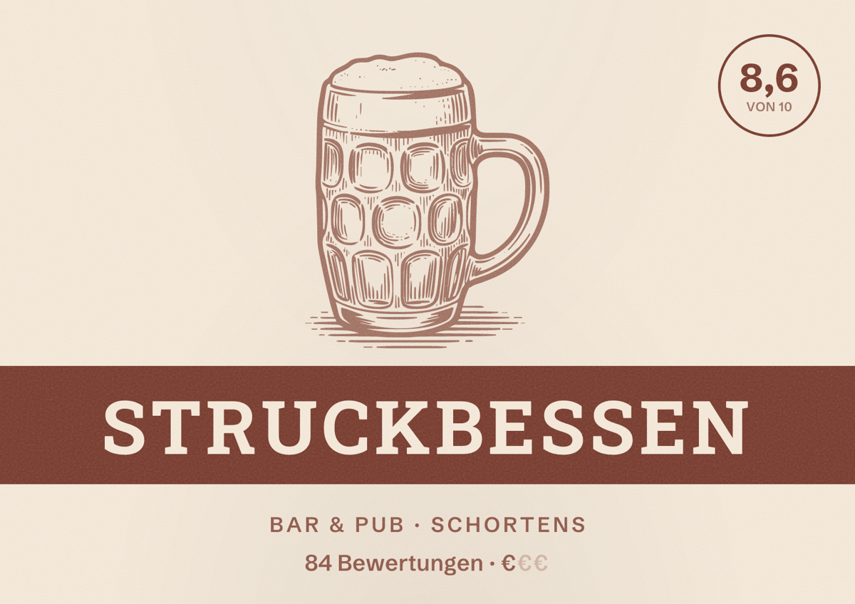Illustriertes Poster von Struckbessen, Bar & Pub in Schortens: Bewertung 8,6 von 10 aus 84 Bewertungen, Preisniveau €