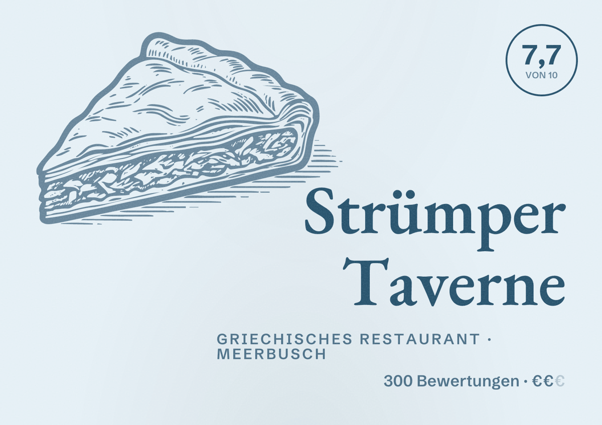 Illustriertes Poster von Strümper Taverne, Griechisches Restaurant in Meerbusch: Bewertung 7,7 von 10 aus 300 Bewertungen, Preisniveau €€