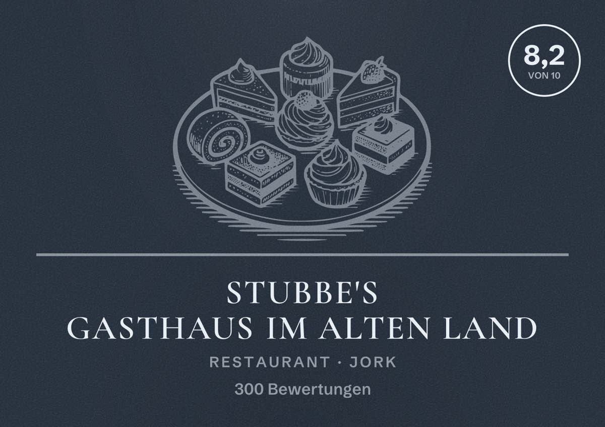 Illustriertes Poster von Stubbe's Gasthaus im Alten Land, Restaurant in Jork: Bewertung 8,2 von 10 aus 300 Bewertungen