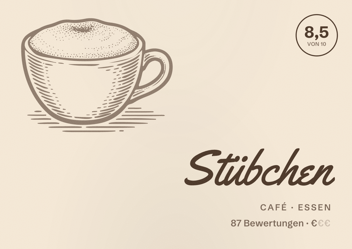 Illustriertes Poster von Stübchen, Café in Essen: Bewertung 8,5 von 10 aus 87 Bewertungen, Preisniveau €
