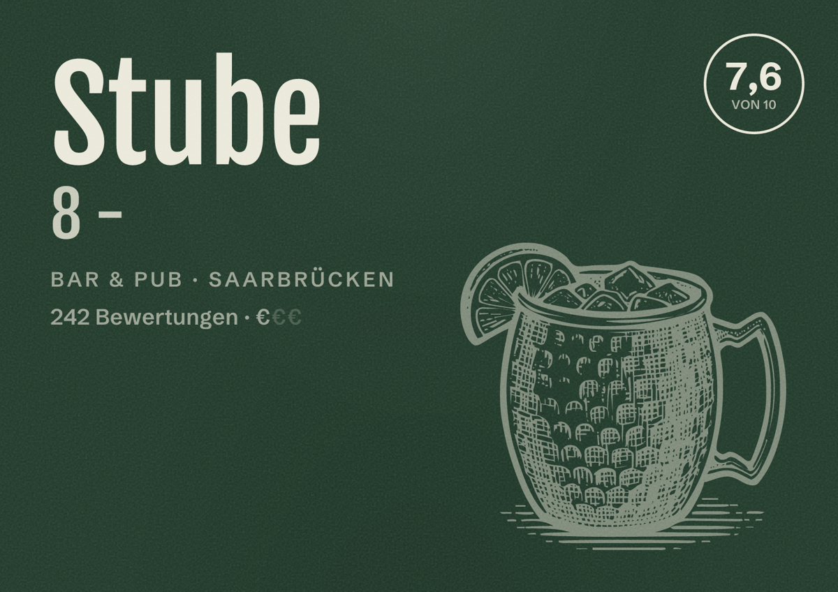 Illustriertes Poster von Stube 8 -, Bar & Pub in Saarbrücken: Bewertung 7,6 von 10 aus 242 Bewertungen, Preisniveau €