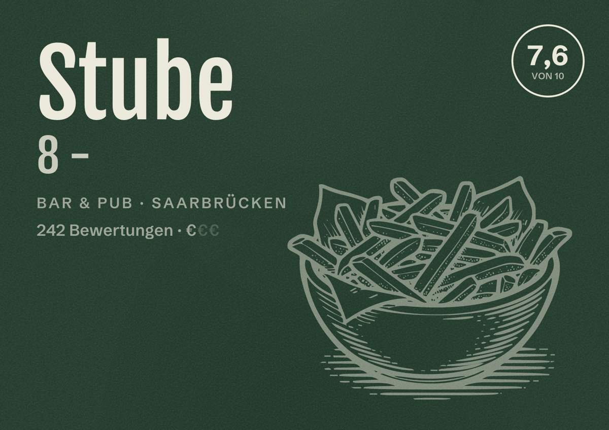 Illustriertes Poster von Stube 8 -, Bar & Pub in Saarbrücken: Bewertung 7,6 von 10 aus 242 Bewertungen, Preisniveau €