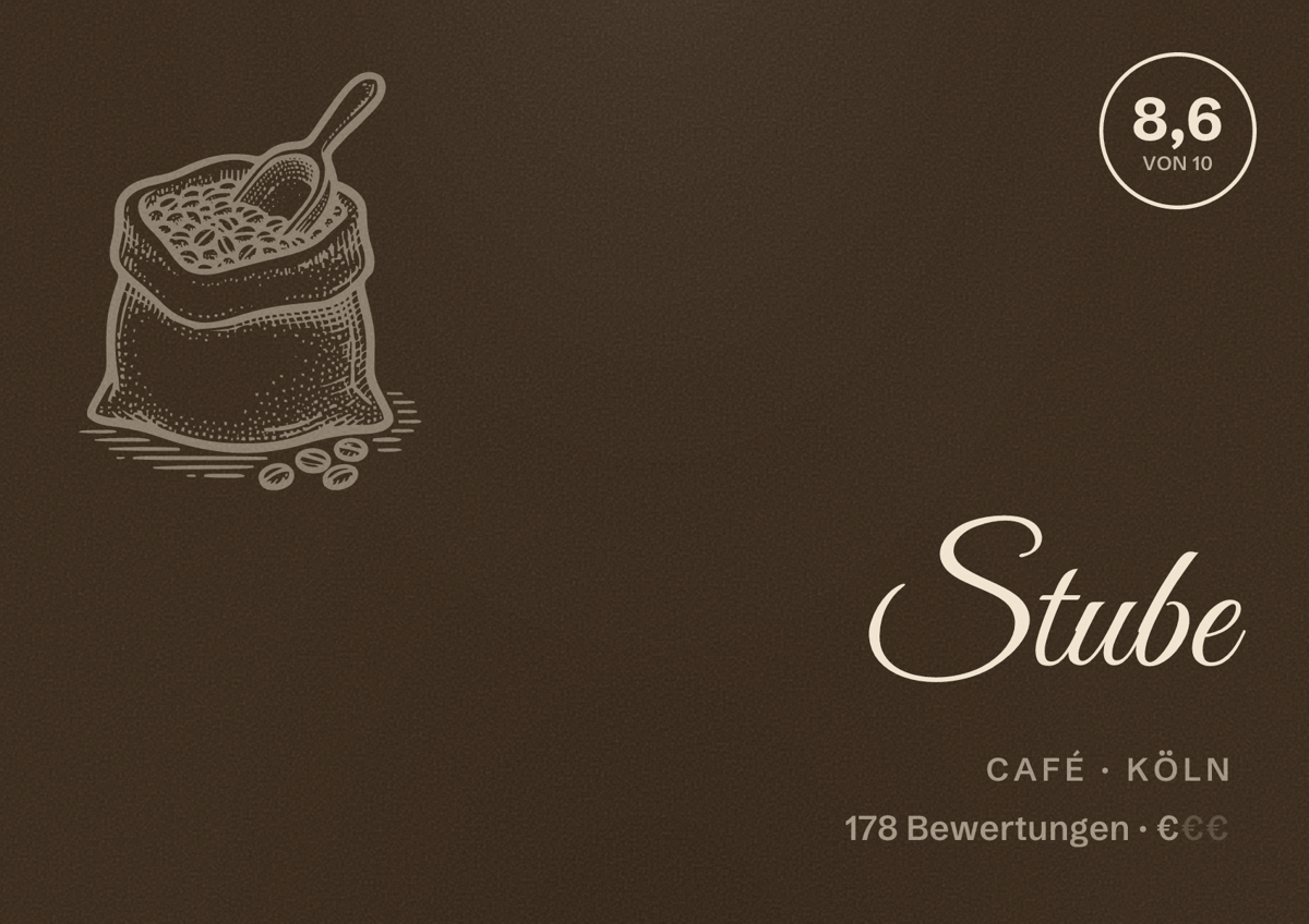 Illustriertes Poster von Stube, Café in Köln: Bewertung 8,6 von 10 aus 178 Bewertungen, Preisniveau €