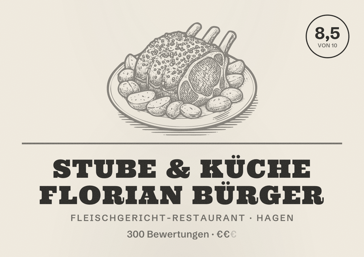 Illustriertes Poster von Stube & Küche Florian Bürger, Fleischgericht-Restaurant in Hagen: Bewertung 8,5 von 10 aus 300 Bewertungen, Preisniveau €€