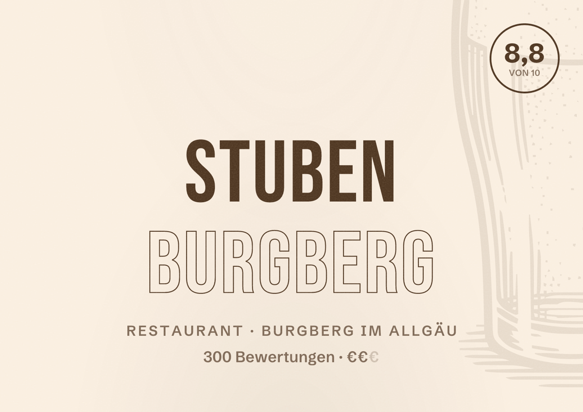 Illustriertes Poster von Stuben Burgberg, Restaurant in Burgberg im Allgäu: Bewertung 8,8 von 10 aus 300 Bewertungen, Preisniveau €€