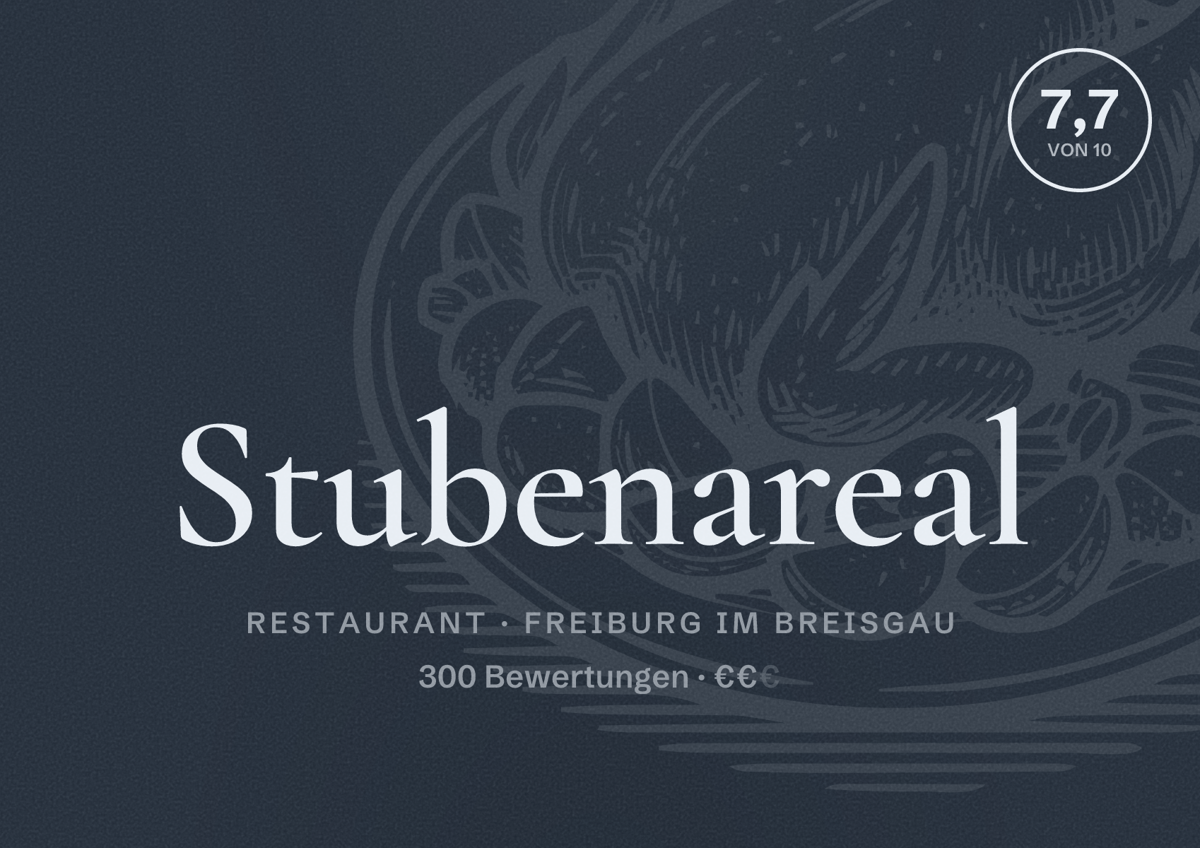 Illustriertes Poster von Stubenareal, Restaurant in Freiburg im Breisgau: Bewertung 7,7 von 10 aus 300 Bewertungen, Preisniveau €€