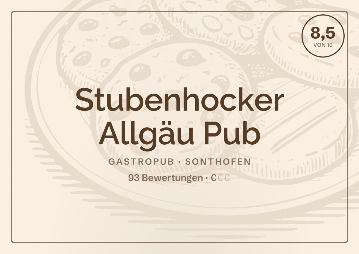 Illustriertes Poster von Stubenhocker Allgäu Pub, Gastropub in Sonthofen: Bewertung 8,5 von 10 aus 93 Bewertungen, Preisniveau €