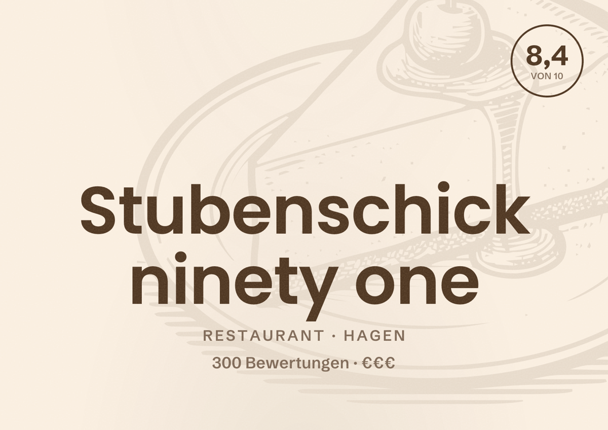 Illustriertes Poster von Stubenschick ninety one, Restaurant in Hagen: Bewertung 8,4 von 10 aus 300 Bewertungen, Preisniveau €€€