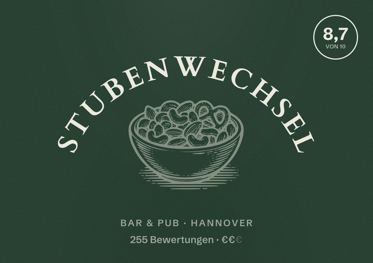 Illustriertes Poster von Stubenwechsel, Bar & Pub in Hannover: Bewertung 8,7 von 10 aus 255 Bewertungen, Preisniveau €€