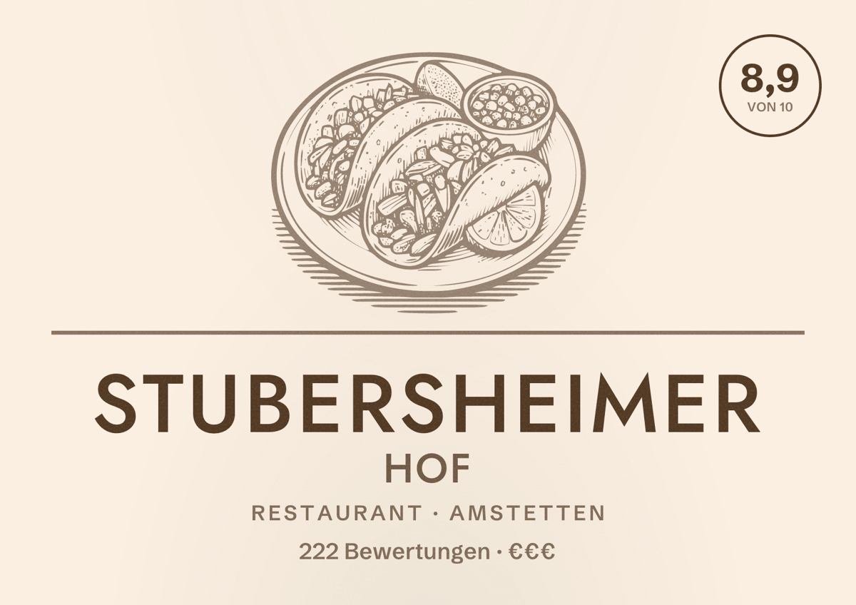Illustriertes Poster von Stubersheimer Hof, Restaurant in Amstetten: Bewertung 8,9 von 10 aus 222 Bewertungen, Preisniveau €€€