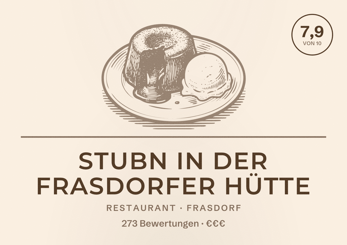 Illustriertes Poster von STUBN in der Frasdorfer Hütte, Restaurant in Frasdorf: Bewertung 7,9 von 10 aus 273 Bewertungen, Preisniveau €€€
