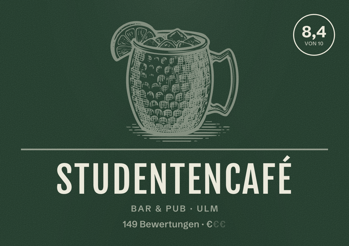 Illustriertes Poster von Studentencafé, Bar & Pub in Ulm: Bewertung 8,4 von 10 aus 149 Bewertungen, Preisniveau €