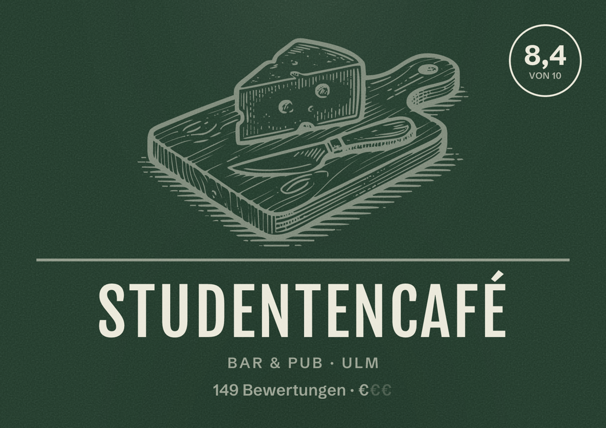 Illustriertes Poster von Studentencafé, Bar & Pub in Ulm: Bewertung 8,4 von 10 aus 149 Bewertungen, Preisniveau €