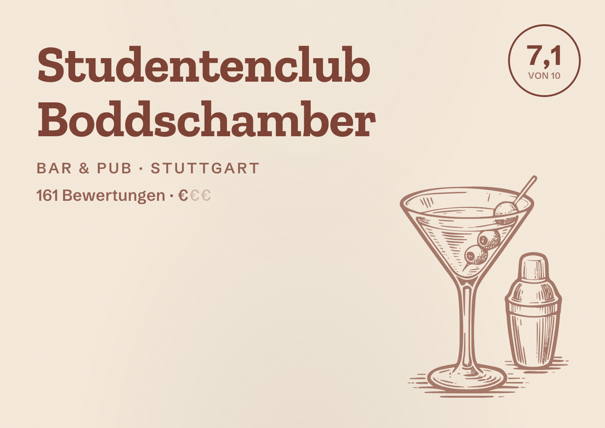 Illustriertes Poster von Studentenclub Boddschamber, Bar & Pub in Stuttgart: Bewertung 7,1 von 10 aus 161 Bewertungen, Preisniveau €