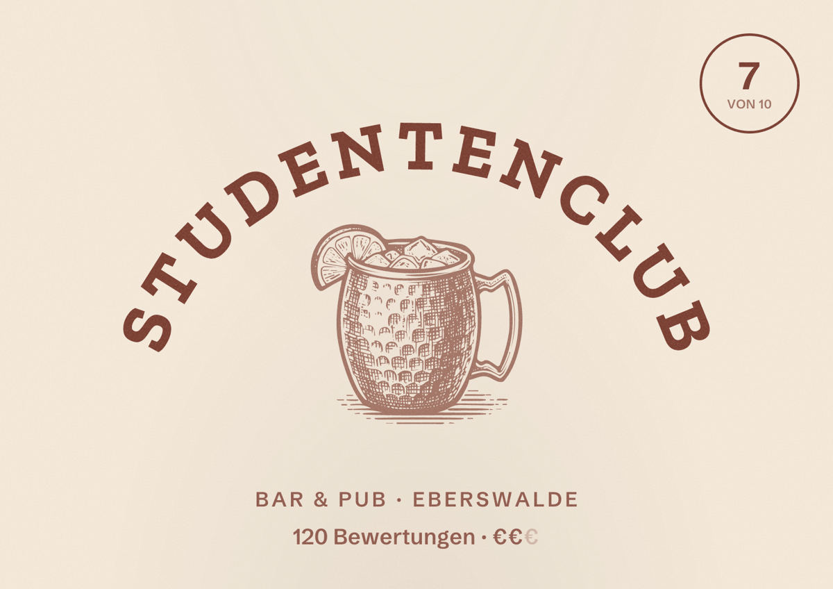 Illustriertes Poster von Studentenclub, Bar & Pub in Eberswalde: Bewertung 7 von 10 aus 120 Bewertungen, Preisniveau €€