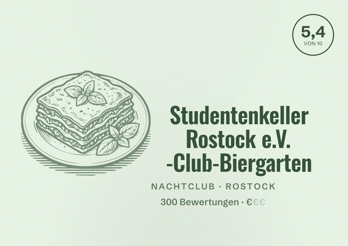 Illustriertes Poster von Studentenkeller Rostock e.V. -Club-Biergarten, Nachtclub in Rostock: Bewertung 5,4 von 10 aus 300 Bewertungen, Preisniveau €