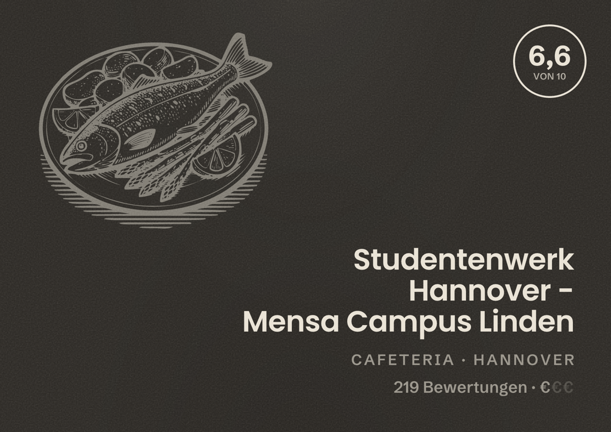 Illustriertes Poster von Studentenwerk Hannover - Mensa Campus Linden, Cafeteria in Hannover: Bewertung 6,6 von 10 aus 219 Bewertungen, Preisniveau €