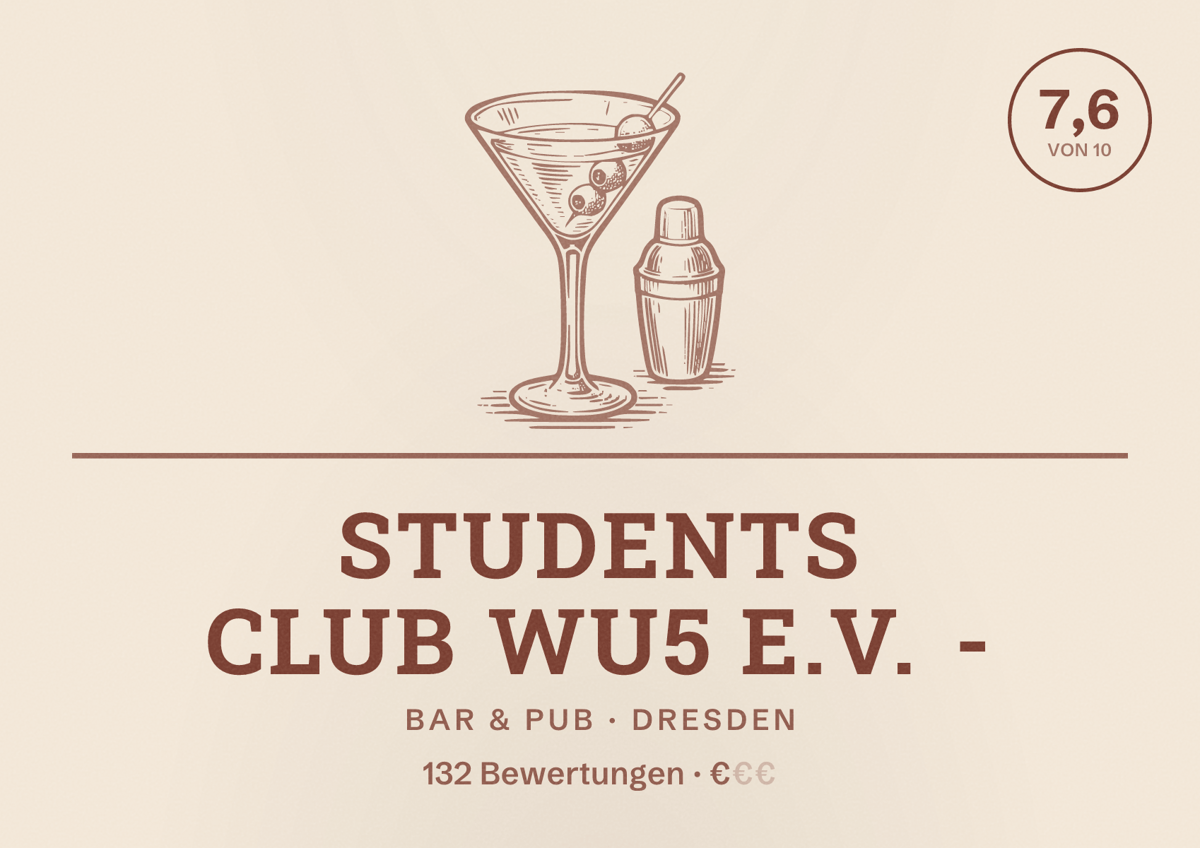 Illustriertes Poster von Students Club WU5 e.V. -, Bar & Pub in Dresden: Bewertung 7,6 von 10 aus 132 Bewertungen, Preisniveau €
