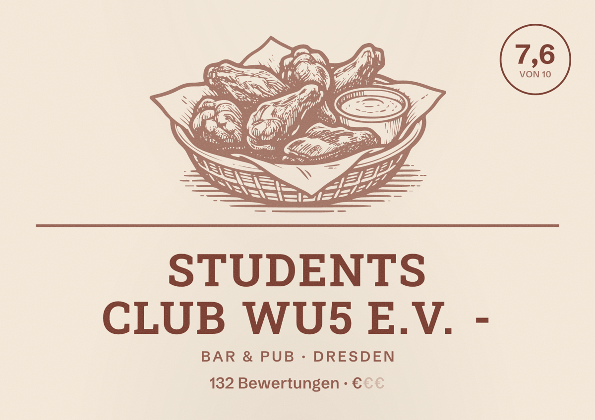 Illustriertes Poster von Students Club WU5 e.V. -, Bar & Pub in Dresden: Bewertung 7,6 von 10 aus 132 Bewertungen, Preisniveau €