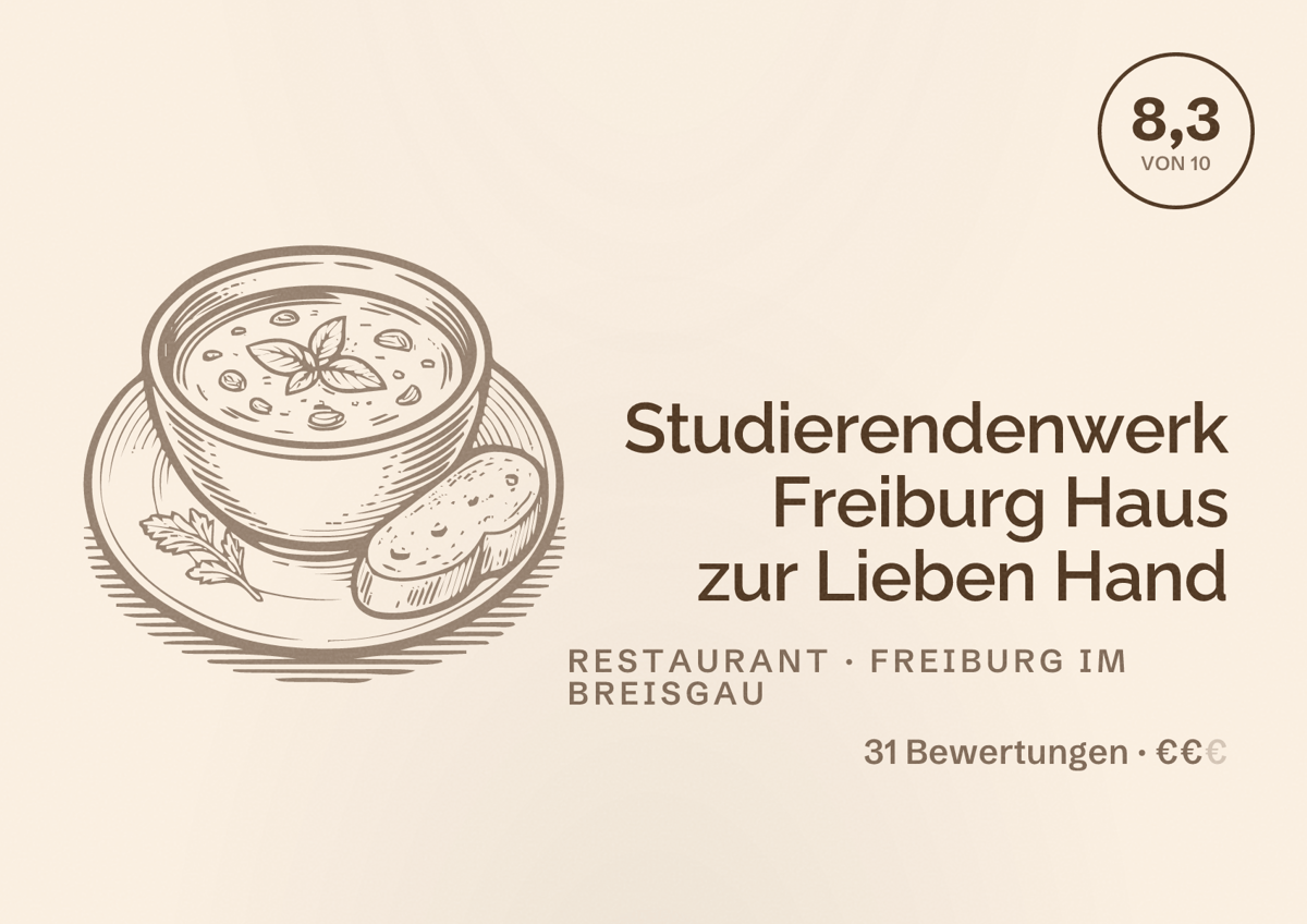 Illustriertes Poster von Studierendenwerk Freiburg Haus zur Lieben Hand, Restaurant in Freiburg im Breisgau: Bewertung 8,3 von 10 aus 31 Bewertungen, Preisniveau €€