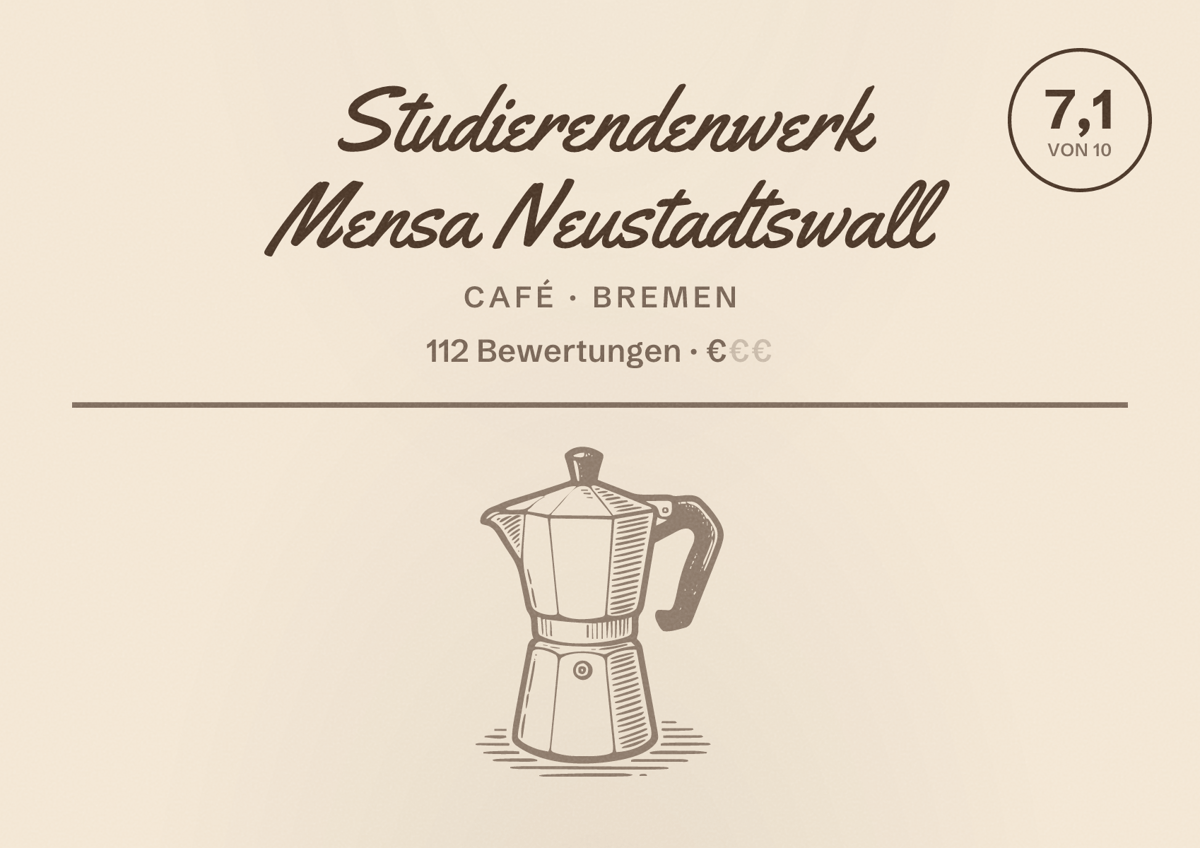 Illustriertes Poster von Studierendenwerk Mensa Neustadtswall, Café in Bremen: Gästebewertung 7,1 von 10 aus 112 Bewertungen