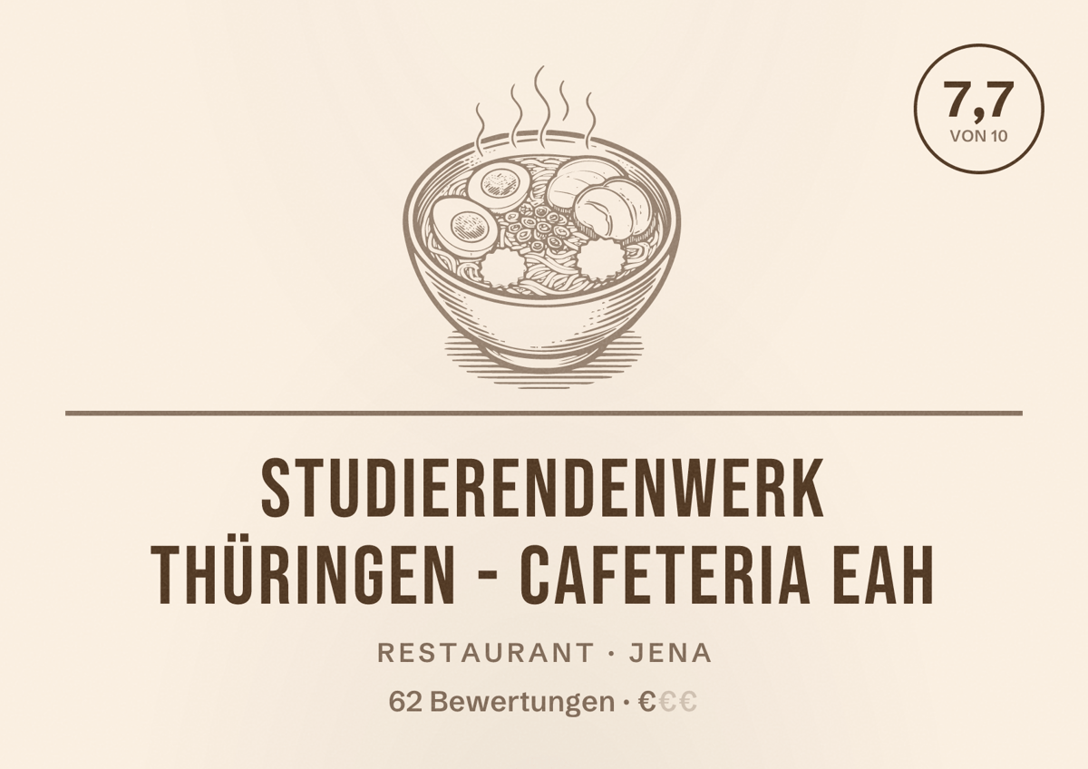 Illustriertes Poster von Studierendenwerk Thüringen - Cafeteria EAH, Restaurant in Jena: Bewertung 7,7 von 10 aus 62 Bewertungen, Preisniveau €