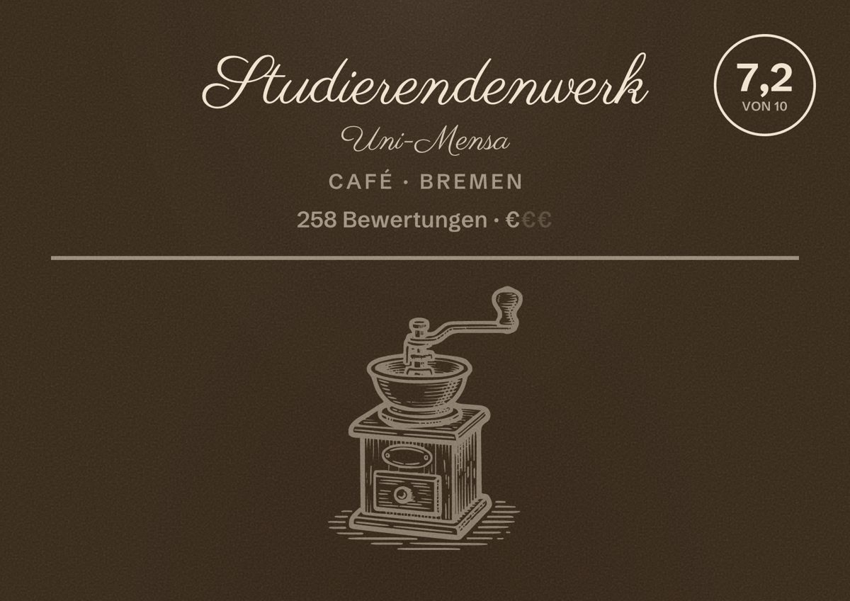 Illustriertes Poster von Studierendenwerk Uni-Mensa, Café in Bremen: Bewertung 7,2 von 10 aus 258 Bewertungen, Preisniveau €