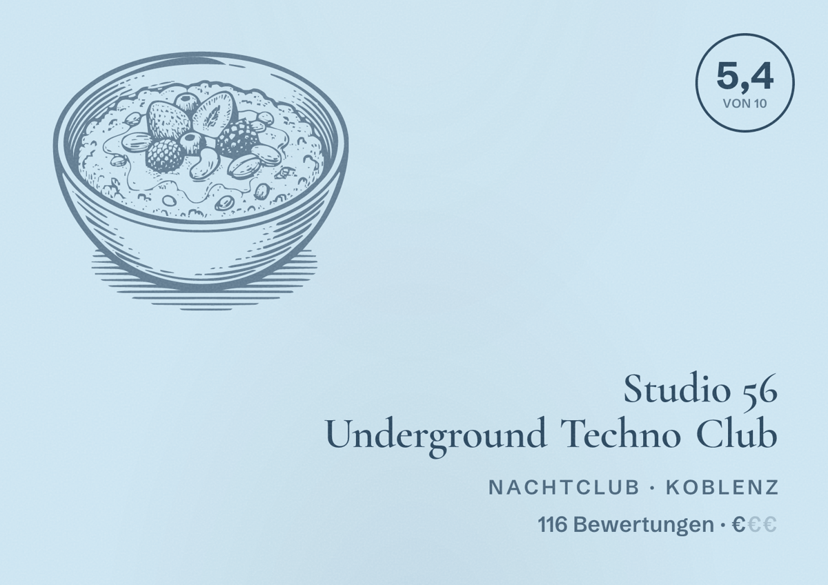 Illustriertes Poster von Studio 56 Underground Techno Club, Nachtclub in Koblenz: Bewertung 5,4 von 10 aus 116 Bewertungen, Preisniveau €