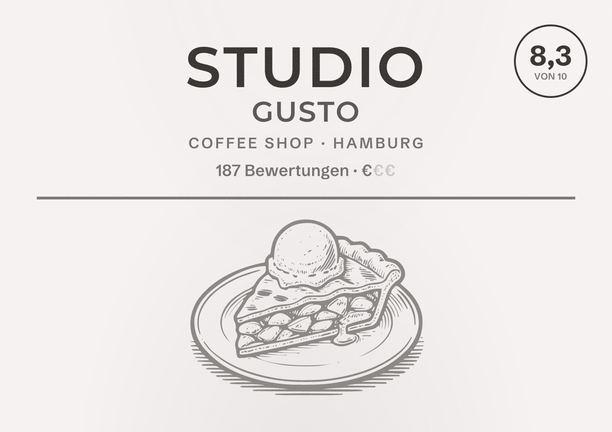Illustriertes Poster von Studio Gusto, Coffee Shop in Hamburg: Bewertung 8,3 von 10 aus 187 Bewertungen, Preisniveau €