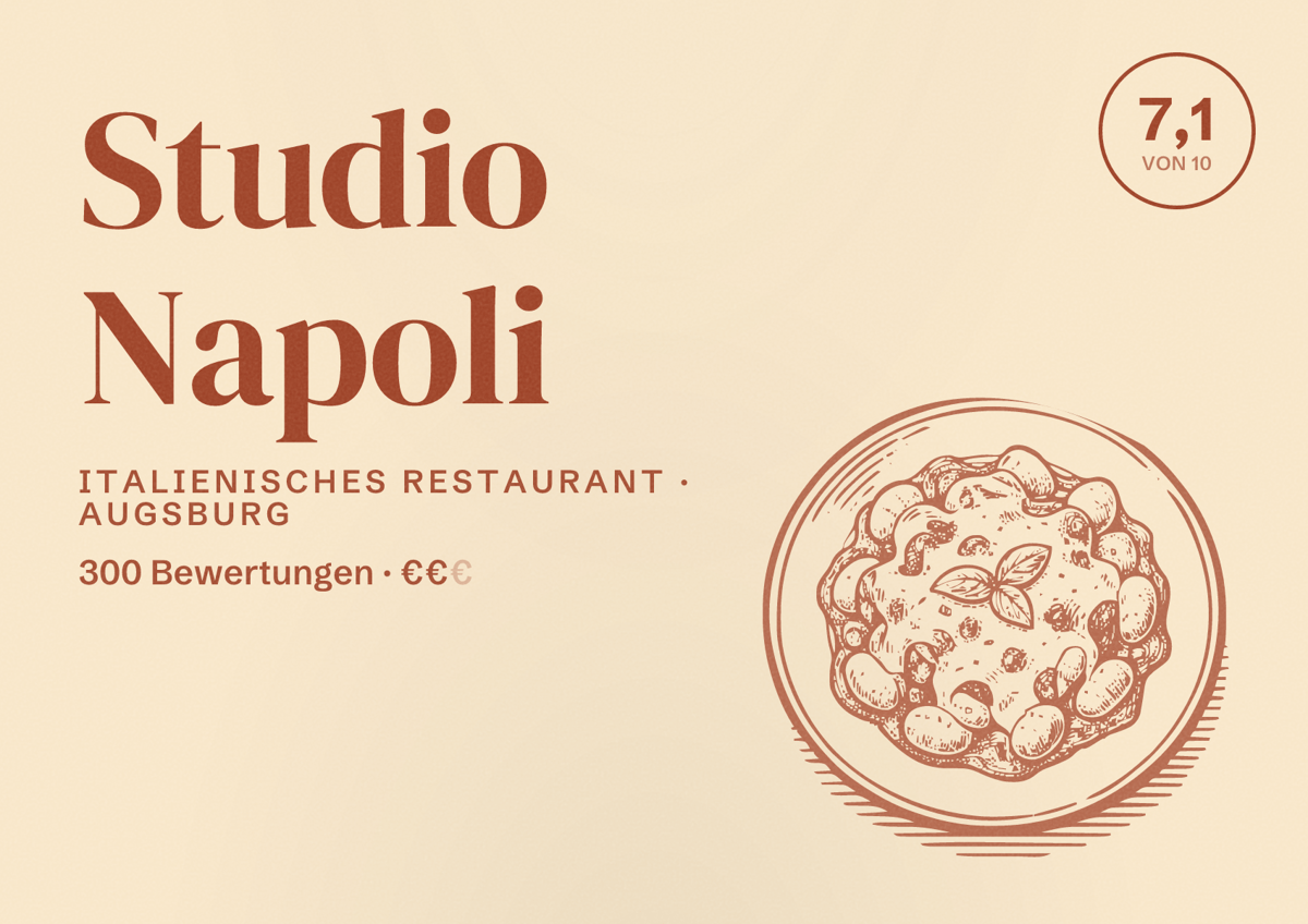 Illustriertes Poster von Studio Napoli, Italienisches Restaurant in Augsburg: Bewertung 7,1 von 10 aus 300 Bewertungen, Preisniveau €€