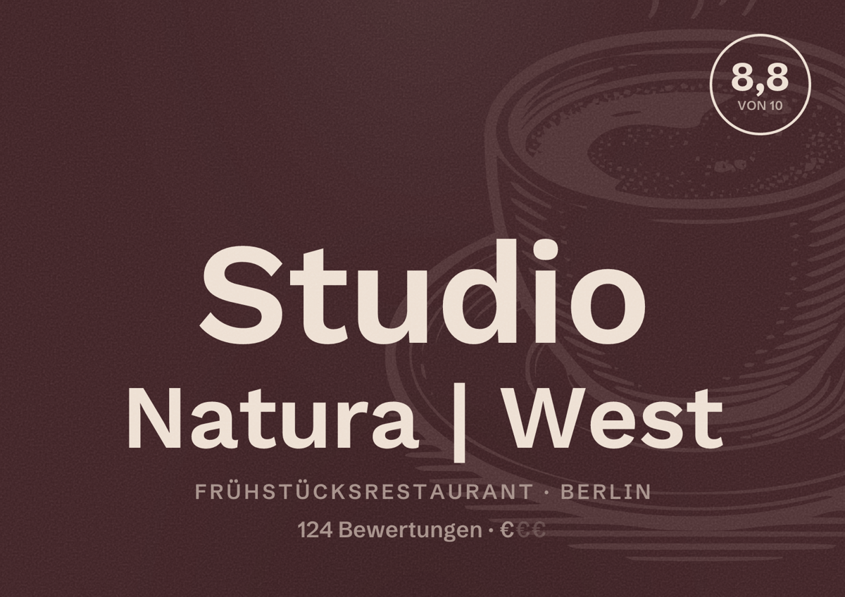 Illustriertes Poster von Studio Natura | West, Frühstücksrestaurant in Berlin: Bewertung 8,8 von 10 aus 124 Bewertungen, Preisniveau €