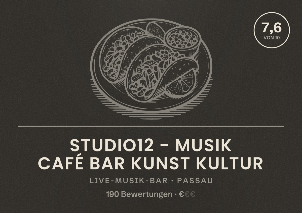 Illustriertes Poster von studio12 - Musik Café Bar Kunst Kultur, Live-Musik-Bar in Passau: Bewertung 7,6 von 10 aus 190 Bewertungen, Preisniveau €