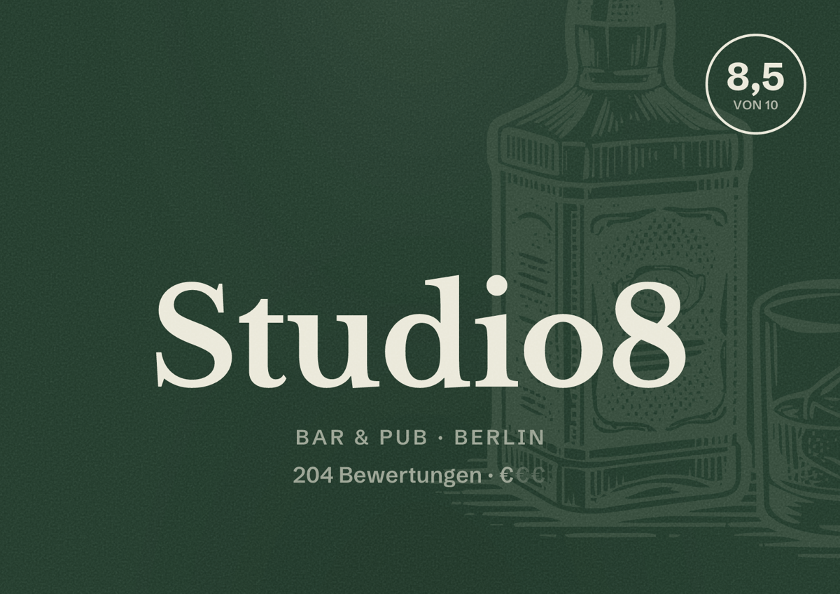 Illustriertes Poster von Studio8, Bar & Pub in Berlin: Bewertung 8,5 von 10 aus 204 Bewertungen, Preisniveau €