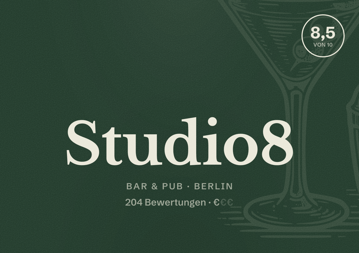 Illustriertes Poster von Studio8, Bar & Pub in Berlin: Bewertung 8,5 von 10 aus 204 Bewertungen, Preisniveau €