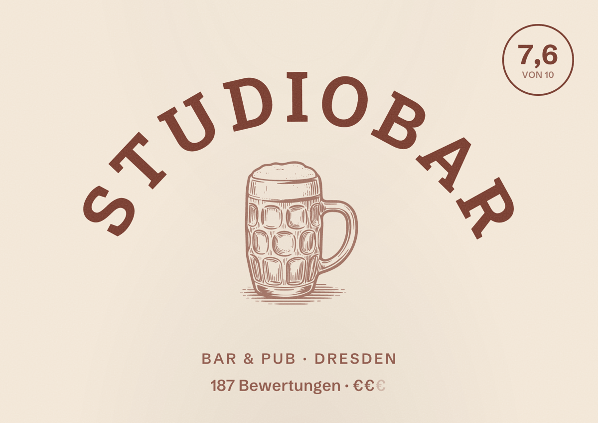Illustriertes Poster von StudioBAR, Bar & Pub in Dresden: Bewertung 7,6 von 10 aus 187 Bewertungen, Preisniveau €€