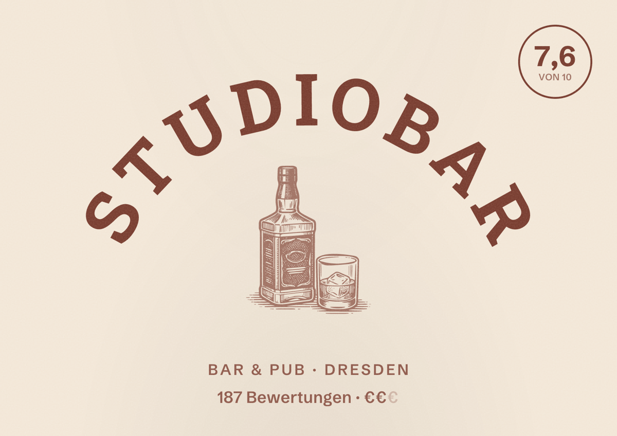 Illustriertes Poster von StudioBAR, Bar & Pub in Dresden: Bewertung 7,6 von 10 aus 187 Bewertungen, Preisniveau €€