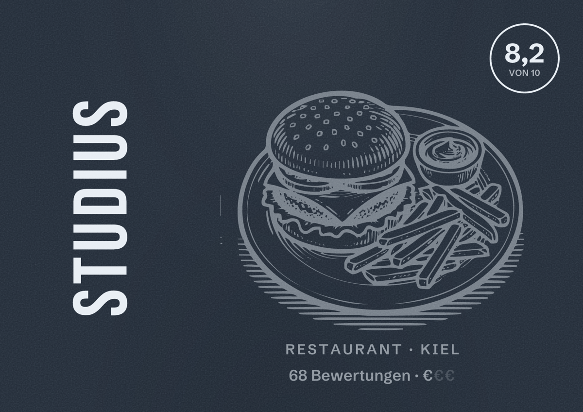 Illustriertes Poster von Studius, Restaurant in Kiel: Bewertung 8,2 von 10 aus 68 Bewertungen, Preisniveau €
