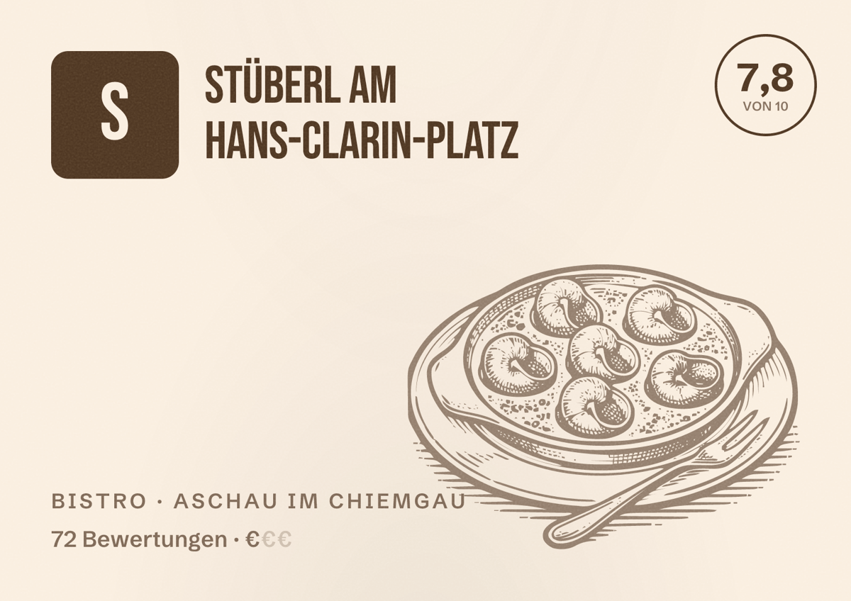 Illustriertes Poster von Stüberl am Hans-Clarin-Platz, Bistro in Aschau im Chiemgau: Bewertung 7,8 von 10 aus 72 Bewertungen, Preisniveau €