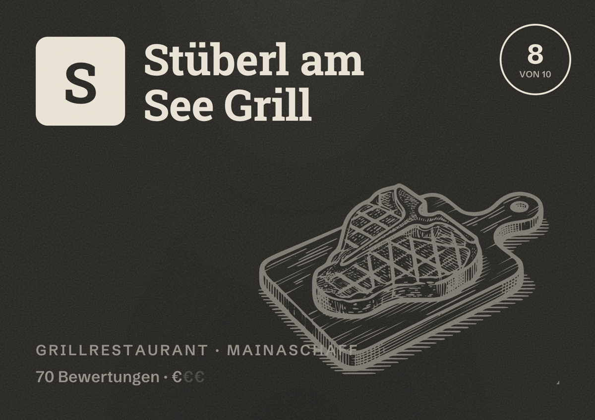 Illustriertes Poster von Stüberl am See Grill, Grillrestaurant in Mainaschaff: Bewertung 8 von 10 aus 70 Bewertungen, Preisniveau €
