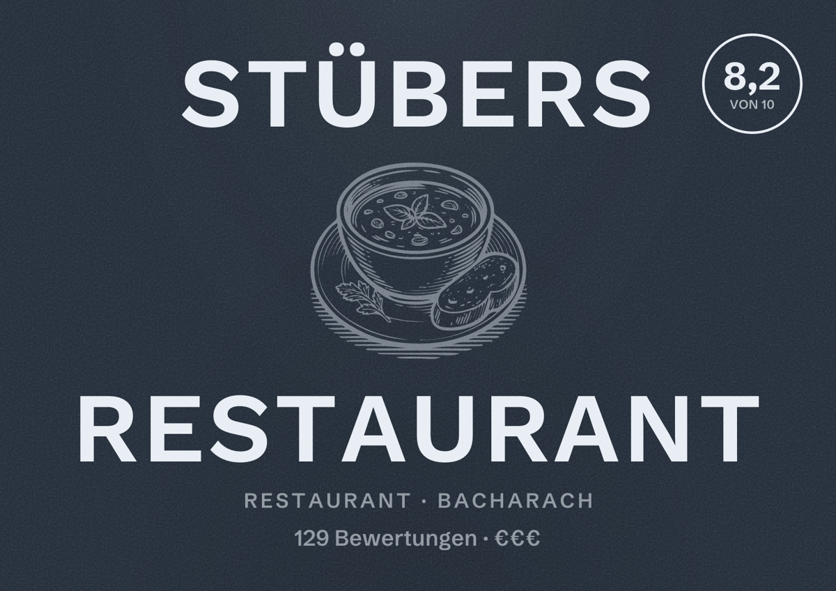 Illustriertes Poster von Stübers Restaurant, Restaurant in Bacharach: Bewertung 8,2 von 10 aus 129 Bewertungen, Preisniveau €€€