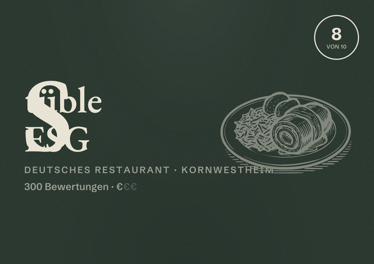 Illustriertes Poster von Stüble ESG, Deutsches Restaurant in Kornwestheim: Bewertung 8 von 10 aus 300 Bewertungen, Preisniveau €