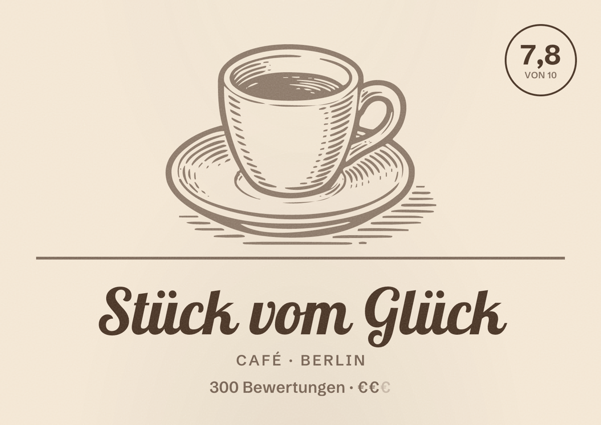 Illustriertes Poster von Stück vom Glück, Café in Berlin: Bewertung 7,8 von 10 aus 300 Bewertungen, Preisniveau €€