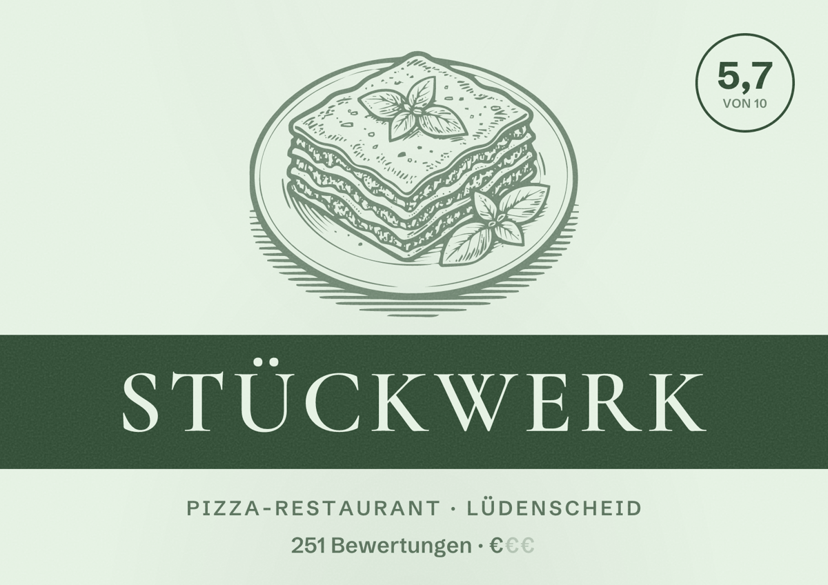 Illustriertes Poster von Stückwerk, Pizza-Restaurant in Lüdenscheid: Bewertung 5,7 von 10 aus 251 Bewertungen, Preisniveau €