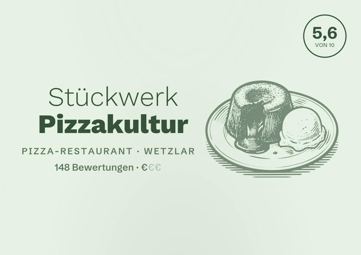 Illustriertes Poster von Stückwerk Pizzakultur, Pizza-Restaurant in Wetzlar: Bewertung 5,6 von 10 aus 148 Bewertungen, Preisniveau €