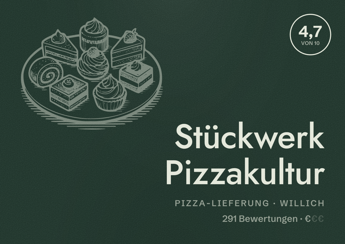 Illustriertes Poster von Stückwerk Pizzakultur, Pizza-Lieferung in Willich: Bewertung 4,7 von 10 aus 291 Bewertungen, Preisniveau €